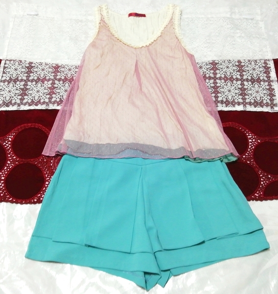 ピンクノースリーブフリルチュニック ネグリジェ 緑ショートパンツ 2P Pink frill tunic negligee green shorts, ファッション, レディースファッション, ナイトウエア、パジャマ