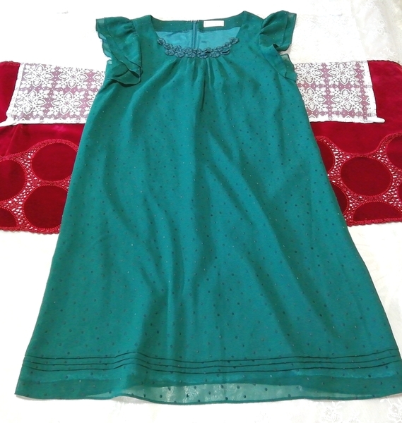 緑フリルシフォンノースリーブチュニック ネグリジェ ワンピースドレス Green ruffle chiffon sleeveless tunic negligee dress, チュニック, 袖なし、ノースリーブ, Mサイズ