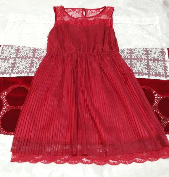 赤レースシフォンプリーツスカート ネグリジェ ノースリーブワンピースドレス Red lace chiffon pleated skirt negligee sleeveless dress, ファッション, レディースファッション, ナイトウエア、パジャマ