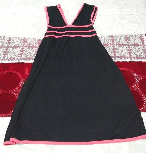 黒ピンク ノースリーブ ネグリジェ ナイトウェア ハーフワンピース Black pink sleeveless negligee nightwear half dress, ワンピース, ひざ丈スカート, Mサイズ