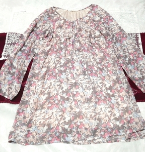 グレー赤白花柄シフォンチュニックネグリジェワンピース Light gray red white flower pattern chiffon tunic negligee dress