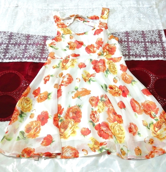 Weißes, rot-orangefarbenes, ärmelloses Negligé-Nachthemd-Minikleid aus Chiffon mit Blumenmuster, Minirock, Größe m