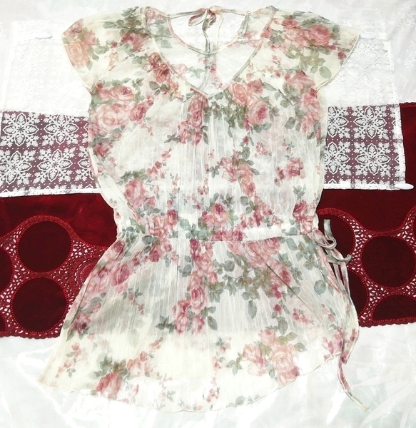 亜麻色花柄シースルーチュニックネグリジェ Flax color flower pattern see-through tunic negligee dress