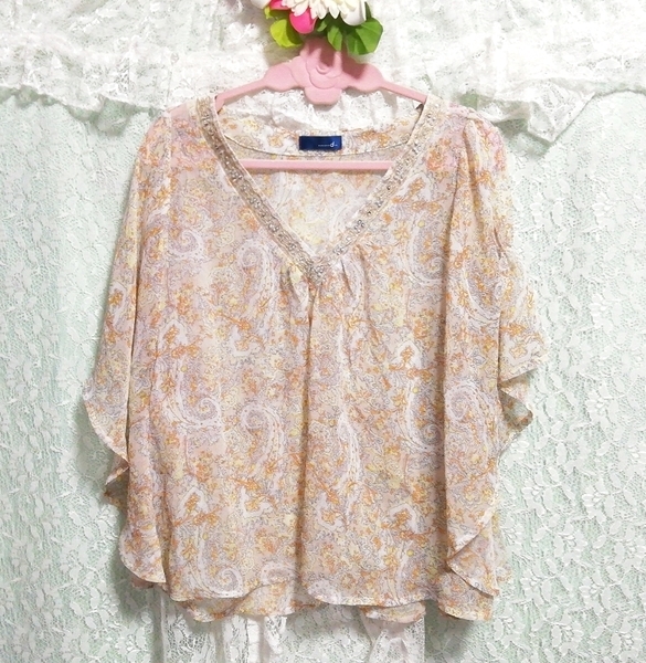 亜麻色エスニック柄シースルーポンチョシフォンチュニック Flax color ethnic pattern V neck poncho chiffon tunic