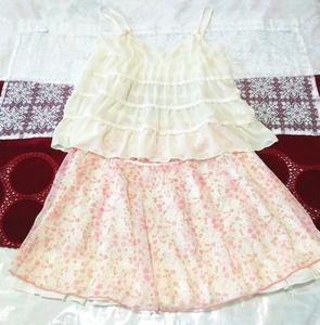 ホワイトシフォンシースルーキャミソール ネグリジェ ピンク花柄ミニスカート 2P White chiffon camisole negligee pink mini skirt, ファッション, レディースファッション, ナイトウエア、パジャマ