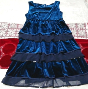 青ベロアフレア ネグリジェ ナイトウェア ノースリーブワンピースドレス Blue velour flare negligee nightwear sleeveless dress