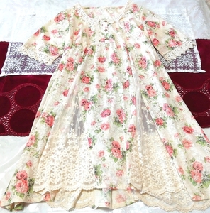 亜麻色花柄綿コットンお姫様レース半袖チュニック ネグリジェ ワンピース Flax floral cotton princess lace tunic negligee dress, チュニック, 半袖, Mサイズ