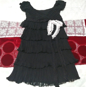 黒フリルピンクリボンシフォンノースリーブチュニックネグリジェ Black chiffon frill tunic negligee dress