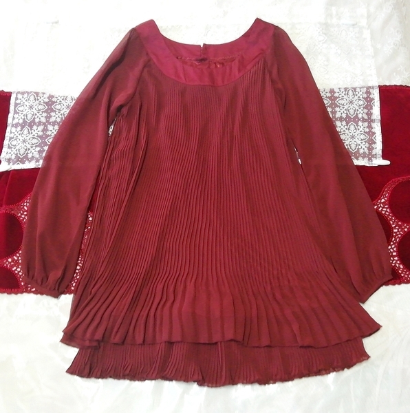 Red wine red pleated chiffon long sleeve tunic negligee nightgown dress, tunic, long sleeve, m size