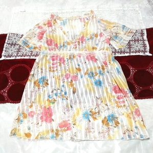 青黄赤花柄シースルーVネックチュニックネグリジェ Blue yellow red flower pattern see through V neck tunic negligee dress