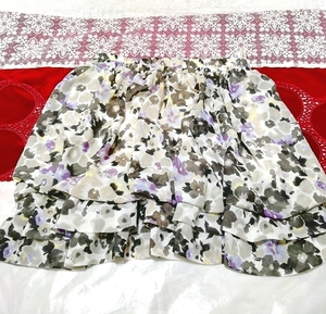 黒と灰と紫色水彩花柄裾フリルシフォンミニスカート Black ash purple water color flower pattern hem frill chiffon mini skirt, ミニスカート, フレアースカート、ギャザースカート, Mサイズ