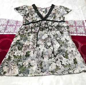 Black lace purple see-through floral chiffon tunic negligee dress, tunic & short sleeves & L size