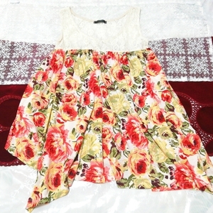 白レース赤緑花柄ミニスカートネグリジェワンピース White lace red green floral pattern mini skirt negligee dress, チュニック, 袖なし、ノースリーブ, Mサイズ