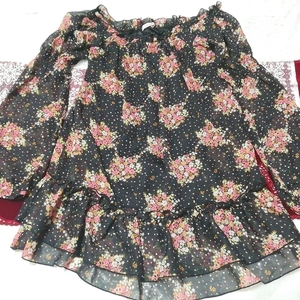 Black flower pattern chiffon tunic negligee dress, tunic & long sleeves & medium size
