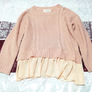 ピンクセーター裾シフォンフリルレースニットチュニックネグリジェ Pink sweater chiffon lace knit tunic negligee