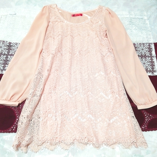 ピンクレースシフォン長袖チュニックネグリジェ Pink lace chiffon long sleeve tunic negligee dress, チュニック, 長袖, Mサイズ