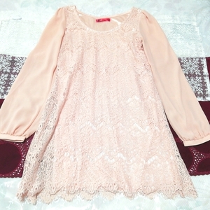 Pink lace chiffon long sleeve tunic negligee dress, tunic & long sleeve & medium size