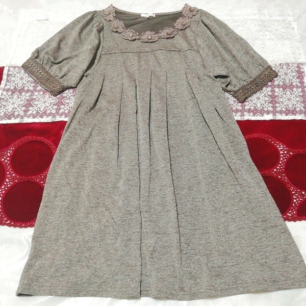 Vestido camisón negligee túnica cuello floral gris, sayo, manga corta, talla m