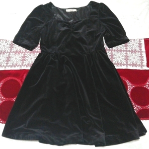 黒ブラックベロア光沢ネグリジェワンピースドレス Black velour shiny negligee dress, チュニック, 半袖, Mサイズ
