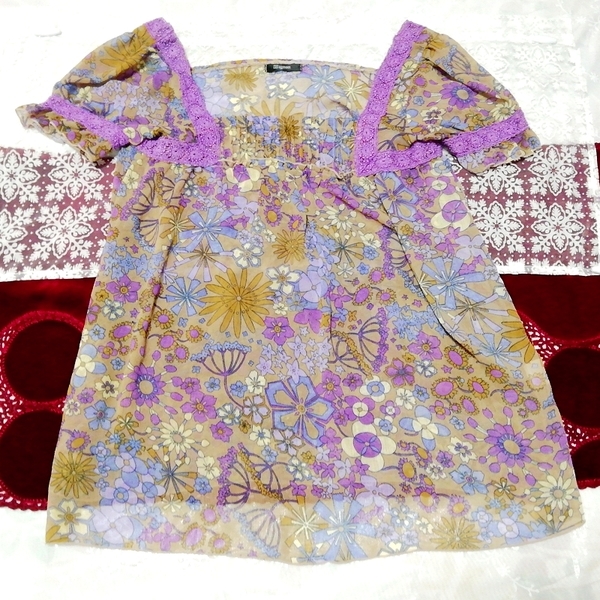 紫レース花柄エスニック模様シフォンチュニックネグリジェ Purple lace flower pattern chiffon tunic negligee, チュニック, 半袖, Mサイズ