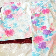 水紫白ピンク花柄浴衣和服着物日本ドレス Water purple white pink floral pattern yukata kimono japan dress_画像1