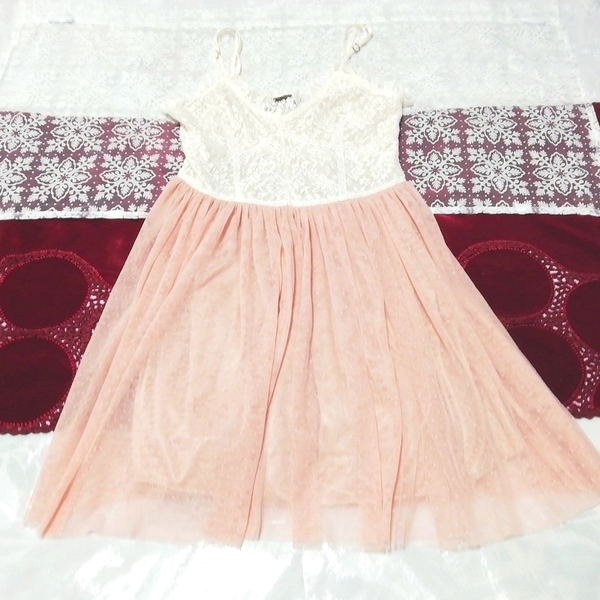 白ピンクレース綿コットン ネグリジェ ミニスカートキャミソールワンピース White pink lace cotton negligee miniskirt camisole dress
