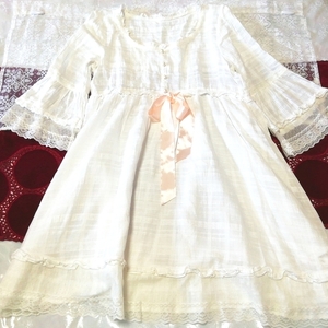 White cotton tunic pink satin ribbon negligee dress, tunic & long sleeves & medium size