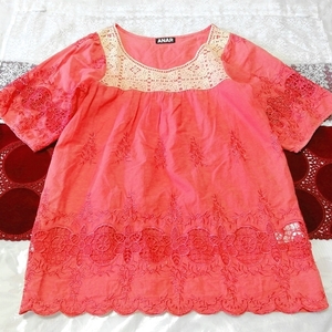 赤ピンク亜麻色レース綿コットンレース半袖チュニック ネグリジェ ワンピース Red pink flax lace cotton lace tunic negligee dress, チュニック, 半袖, Mサイズ