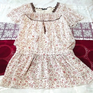 White floral chiffon brown lace ribbon tunic negligee dress, tunic & short sleeve & L size