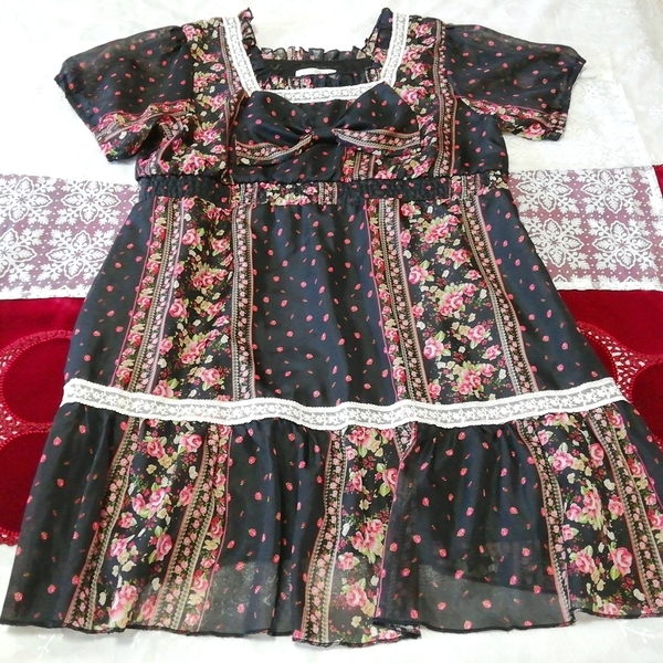 Schwarzes, kurzärmeliges Tunika-Negligé-Nachthemdkleid aus weißem Spitzen-Prinzessin-Chiffon mit Blumenmuster, Tunika, Kurzarm, Größe m