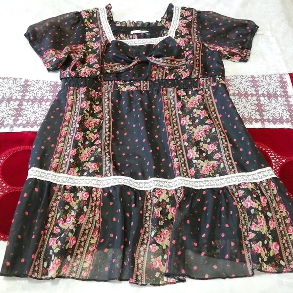 黒花柄白レースお姫様シフォン半袖チュニック ネグリジェ ワンピース Black floral white lace princess chiffon tunic negligee dress