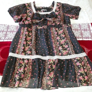 黒花柄白レースお姫様シフォン半袖チュニック ネグリジェ ワンピース Black floral white lace princess chiffon tunic negligee dress, チュニック, 半袖, Mサイズ