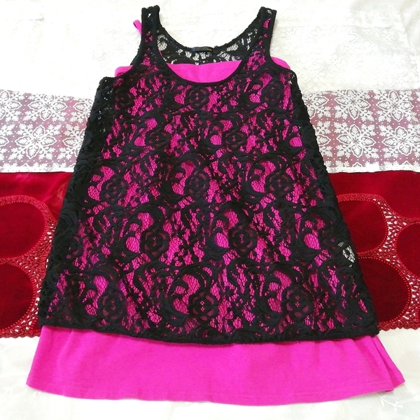 黒ノースリーブニットチュニック ネグリジェ マゼンタキャミソール 2P Black sleeveless knit tunic negligee magenta camisole, ファッション, レディースファッション, ナイトウエア、パジャマ