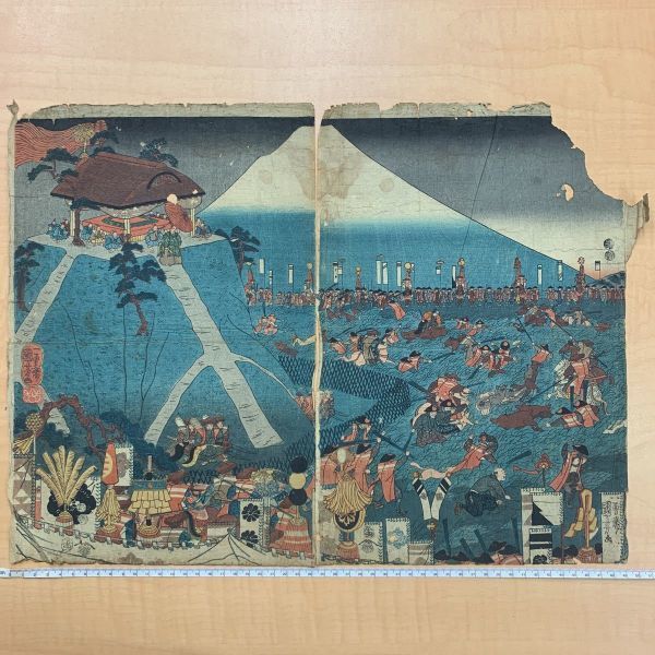 一勇斎国芳 歌川国芳 源頼朝公富士乃裾野巻狩乃図 二枚 富士山 鳥獣戯