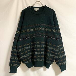 80s 90s L.L.Bean アイルランド製 ウールセーター 柄ニット ネイティブ柄 ノルディック柄 グリーン 深緑 L ヴィンテージ