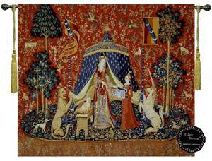 我が唯一つの望みに 貴婦人と一角獣 ジャガード織 タペストリ ユニコーンの中世アートジャガード織り 壁掛け タペストリー ハンドメイド作品,インテリア、雑貨,パネル、タペストリー