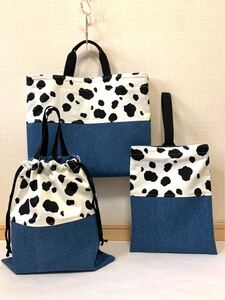 牛柄×デニム レッスンバッグ、体操服入れ、上履き入れのセット ハンドメイド