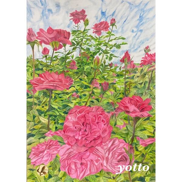 色鉛筆画「 薔薇のある風景〈 ４ 〉」Ｂ５・額付き◇◆手描き◇原画◆yotto◇