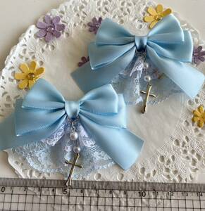  hand made Lolita roli.ta race attaching hair clip R cat pohs postage included light blue 