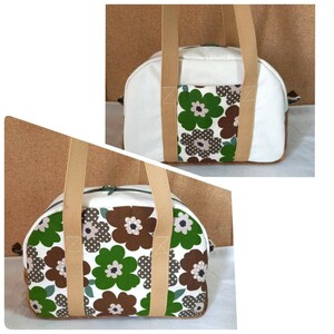 手作り☆グリーン&ブラウンの大きなお花柄のボストンバッグ
