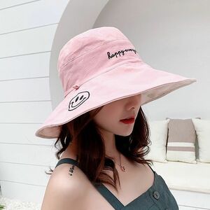 6051P【カラー：ピンク】スマイルニコちゃん　紐付きハット　帽子　UVカット