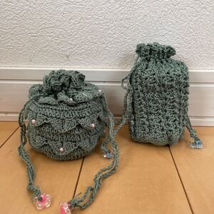 ハンドメイド 2個セット レース編みきんちゃく 小物入れ ビーズ付き