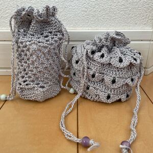 ハンドメイド 2個セット レース編みきんちゃく 小物入れ ビーズ付き