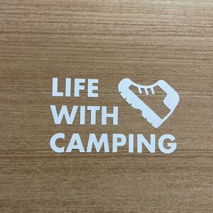 【送料無料】 ブーツ LIFE WITH CAMPING カッティングステッカー キャンプ アウトドア 白【新品】