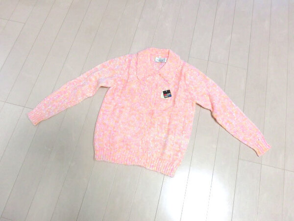 (新品)ニット カーディガン 襟付き 多色糸ピンク 昭和レトロ ざっくり編み
