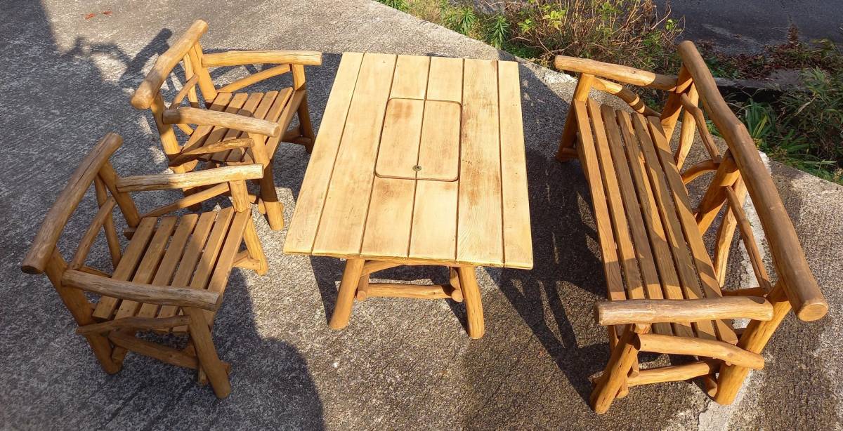 テーブルセット (テーブル×1台、長椅子×1脚、一人掛け椅子×2脚) 中古品