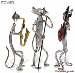 ★Tooarts 猫 工芸品 歌 金属 ギター サックス 鉄 デコ ネコ ホームアクセサリー 3体 送料無料 5