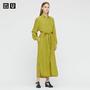 Неиспользованная UNIQLO U You* Блестящая вискозная длинная рубашка сплошная (с длинным рукавом) М Зеленый