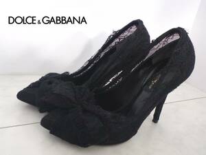 9万 美品 Dolce&Gabbana - ドルチェ＆ガッバーナ　 ★黒レース　リボン　パンプス　35　22