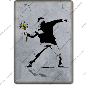 y190　ブリキ看板 20×30㎝　レトロ メタル サイン　Banksy tin　ヴィンテージ 装飾 アート　インテリア 　